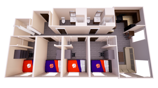 3D floor plan of a shared apartment with living, kitchen, and dining areas, four single bedrooms, two bathrooms, and storage spaces.