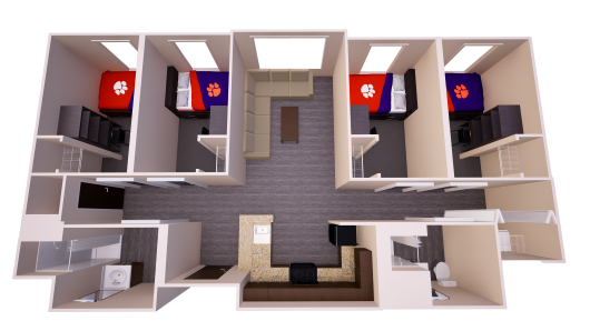 Douthit Hills quad rendering with four bedrooms around shared living and kitchen areas, lofted beds, desks, storage, closets, and bathrooms.