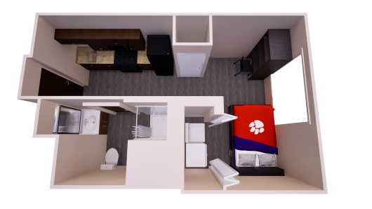 3D floor plan showing a studio apartment layout with a kitchen, one bed, chest off drawers, one bathroom; and one closet with washer and dryer.