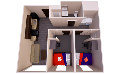 3D floor plan of a shared apartment with living, kitchen, and dining areas, two single bedrooms, one bathroom, and laundry closet.