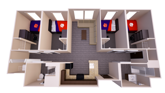 Douthit Hills quad rendering with four bedrooms around shared living and kitchen areas, lofted beds, desks, storage, closets, and bathrooms.
