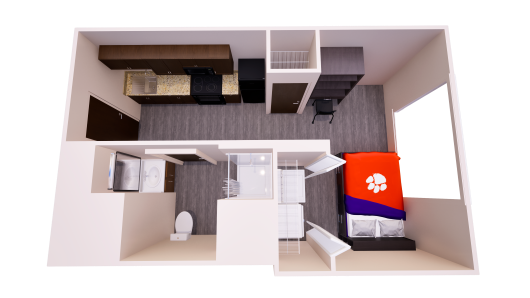 3D floor plan showing a studio apartment layout with a kitchen, one bed, chest off drawers, one bathroom; and one closet with washer and dryer.
