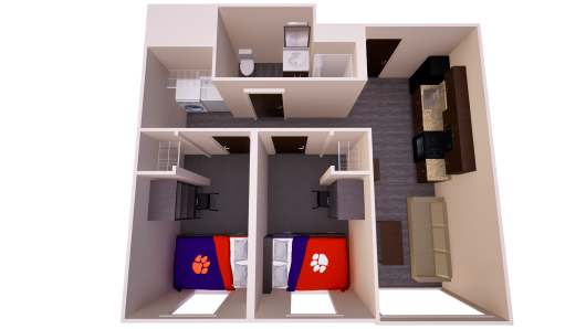 3D floor plan of a shared apartment with living, kitchen, and dining areas, two single bedrooms, one bathroom, and laundry closet.