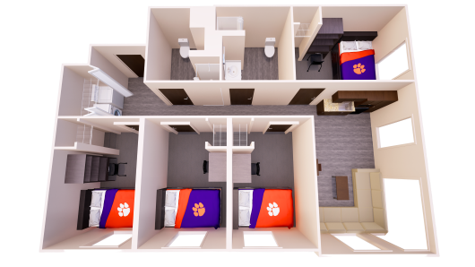 3D floor plan of a shared apartment with living, kitchenette, four single bedrooms, two bathrooms, storage, and laundry closet.