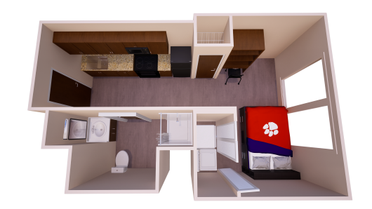 3D floor plan showing a studio apartment layout with a kitchen, one bed, chest off drawers, one bathroom; and one closet with washer and dryer.