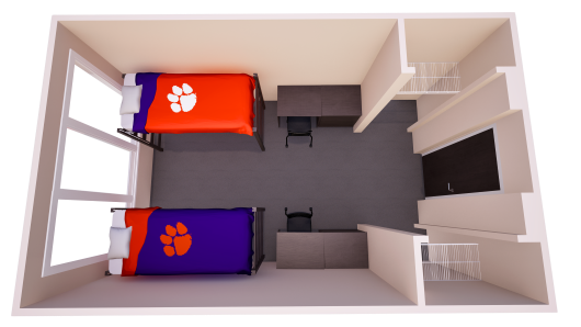 3D floor plan showing one shared bedroom with a single bed, chest of drawers, desk, and closet on each side of the room.