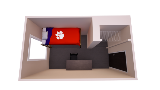 3D floor plan showing one bedroom with a single bed, chest of drawers, desk and closet.