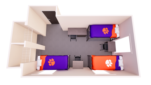 3D floor plan showing one shared bedroom with three lofted beds, four chest of drawers, three desks, and two closets.