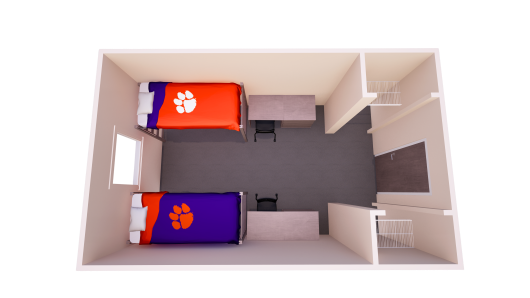 3D floor plan showing one shared bedroom with a single bed, chest of drawers, desk, and closet on each side of the room.