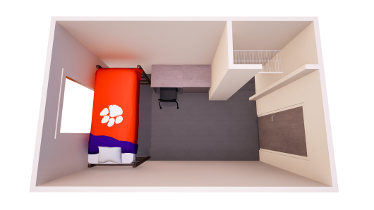 3D floor plan showing one bedroom with a single bed, chest of drawers, desk and closet.