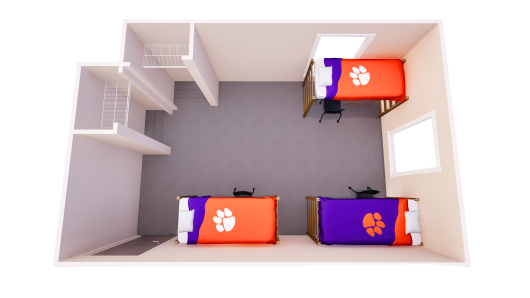 3D floor plan showing one shared bedroom with three lofted beds, four chest of drawers, three desks, and two closets.
