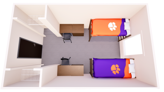 3D floor plan showing one shared bedroom with a single bed, chest of drawers, desk, and closet on each side of the room.
