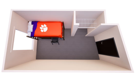 3D floor plan showing one bedroom with a single bed, chest of drawers, desk and closet.
