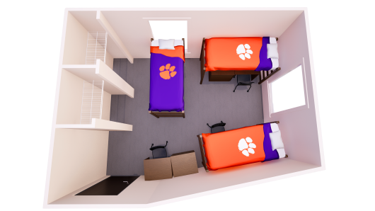 3D floor plan showing one shared bedroom with three lofted beds, four chest of drawers, three desks, and two closets.