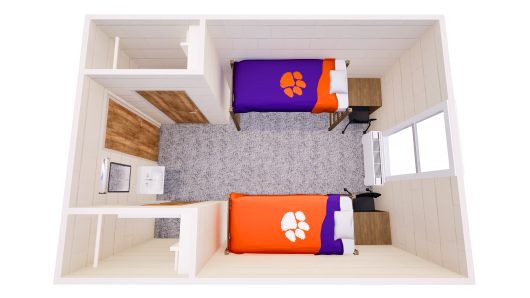 3D floor plan of a shared bedroom with a bed, dresser, desk, and closet on each side, plus a sink and mirror near the entrance.