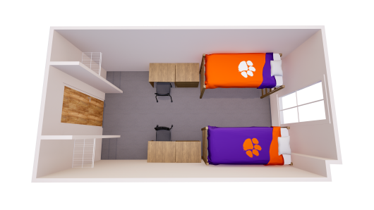 3D floor plan showing one shared bedroom with a single bed, chest of drawers, desk, and closet on each side of the room.