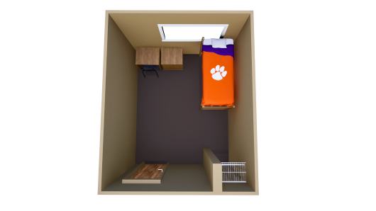 3D floor plan showing one bedroom with a single bed, chest of drawers, desk and closet.