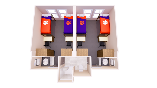 3D floor plan showing two bedrooms with separate entrances and a shared bathroom. Each room contains two beds, two chest of drawers, two desk, and one sink.