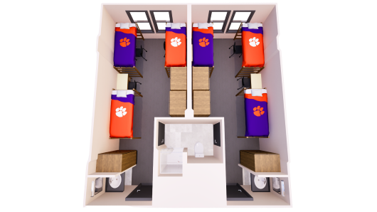 3D floor plan of two triple bedrooms with separate entrances, a shared bathroom, and each room with three beds, dressers, desks, and a sink.