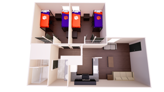 3D floor plan of a shared apartment with living, kitchen, and dining areas, two shared bedrooms, and one shared bathroom.