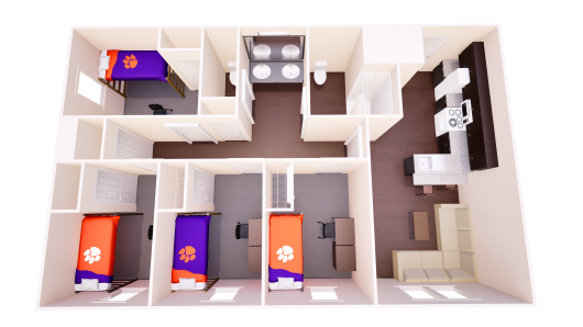 3D floor plan of a shared apartment with living, kitchen, and dining areas, four single bedrooms, and two shared bathrooms.