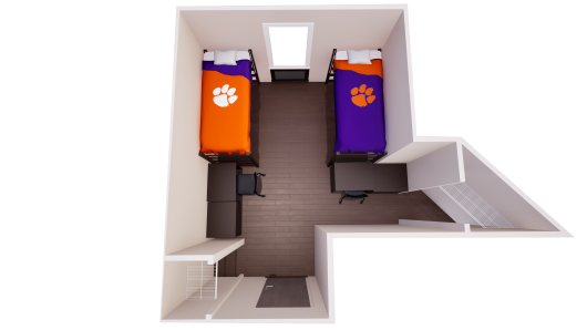 Corner double room rendering with angled layout, two beds on opposite walls, desks and chairs by each bed, entry storage, and center walkway.