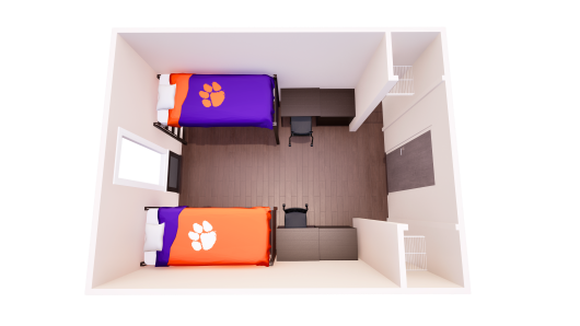 3D floor plan showing one shared bedroom with two beds, two chest of drawers, two desks, and two closets.