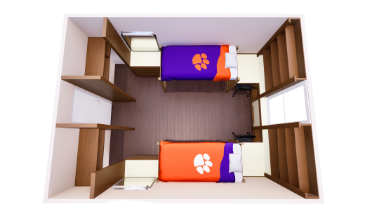 3D floor plan showing one shared bedroom with a single bed, chest of drawers, desk, and closet on each side of the room.