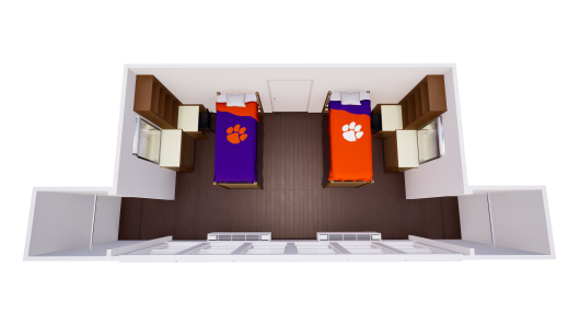 3D floor plan showing one shared bedroom with a single bed, chest of drawers, desk, and closet on each side of the room.
