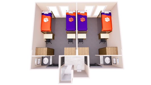 3D floor plan of two double bedrooms, each with two beds and desks, connected by a shared bathroom with two sinks, one toilet, and one shower.
