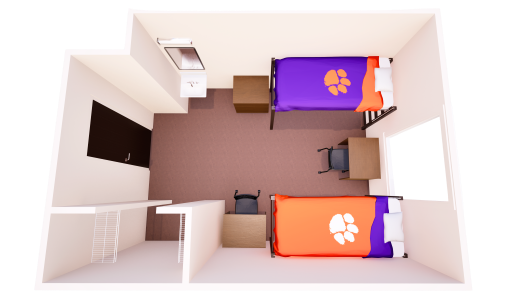 3D double room rendering with two lofted beds on opposite sides, desks and chairs nearby, entry storage, and open walkway to window.