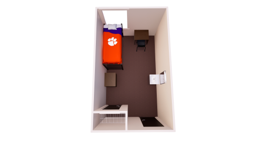 3D floor plan showing one bedroom with a single bed, chest of drawers, desk and closet.