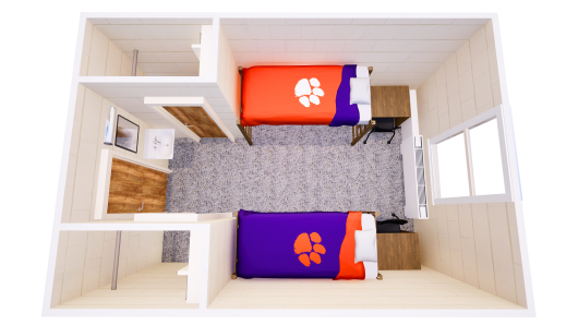 3D floor plan of a shared bedroom with a bed, dresser, desk, and closet on each side, plus a sink and mirror near the entrance.