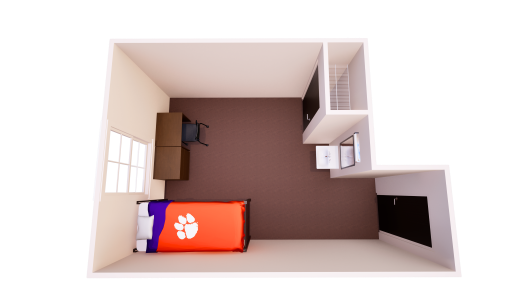 3D floor plan showing one shared bedroom with a single bed, chest of drawers, desk, and closet on each side of the room.
