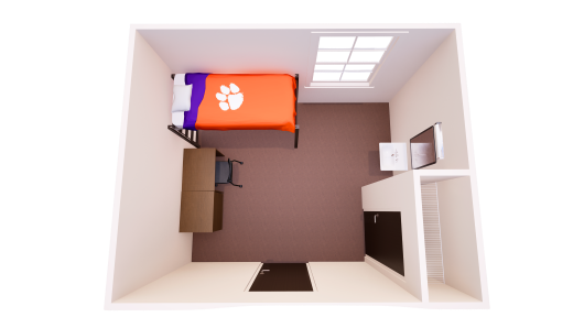 3D floor plan showing one bedroom with a single bed, chest of drawers, desk and closet.