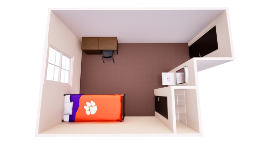 3D floor plan showing one bedroom with a single bed, chest of drawers, desk and closet.
