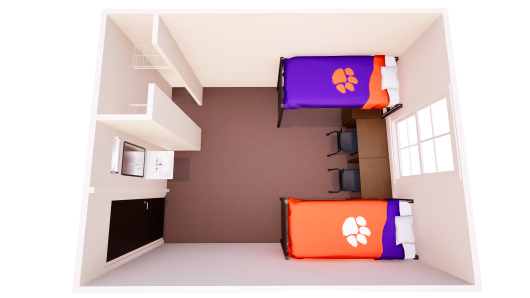 3D double room rendering with two lofted beds on opposite sides, desks and chairs nearby, entry storage, and open walkway to window.