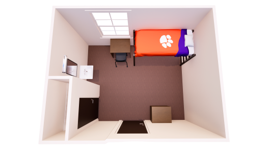 3D floor plan showing one bedroom with a single bed, chest of drawers, desk and closet.
