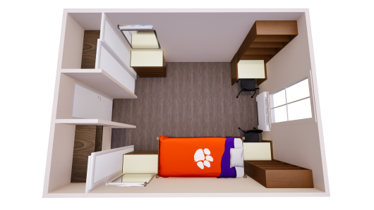 3D floor plan showing one shared bedroom with a single bed, chest of drawers, desk, and closet on each side of the room.