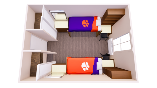 3D floor plan showing one shared bedroom with a single bed, chest of drawers, desk, and closet on each side of the room.