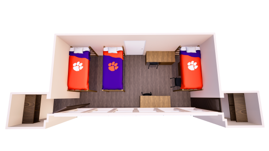 3D floor plan showing one shared bedroom with three lofted beds, three chest of drawers, and three desks.