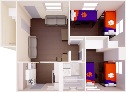3D floor plan of a shared apartment with living, kitchen, and dining areas, two shared bedrooms with lofted beds, and one bathroom.