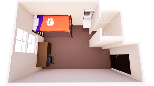3D floor plan showing one shared bedroom with a single bed, chest of drawers, desk, and closet on each side of the room.