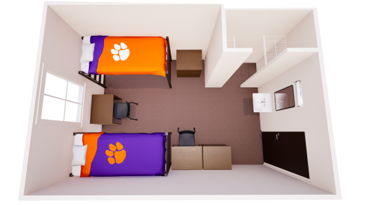 3D double room rendering with two lofted beds on opposite sides, desks and chairs nearby, entry storage, and open walkway to window.