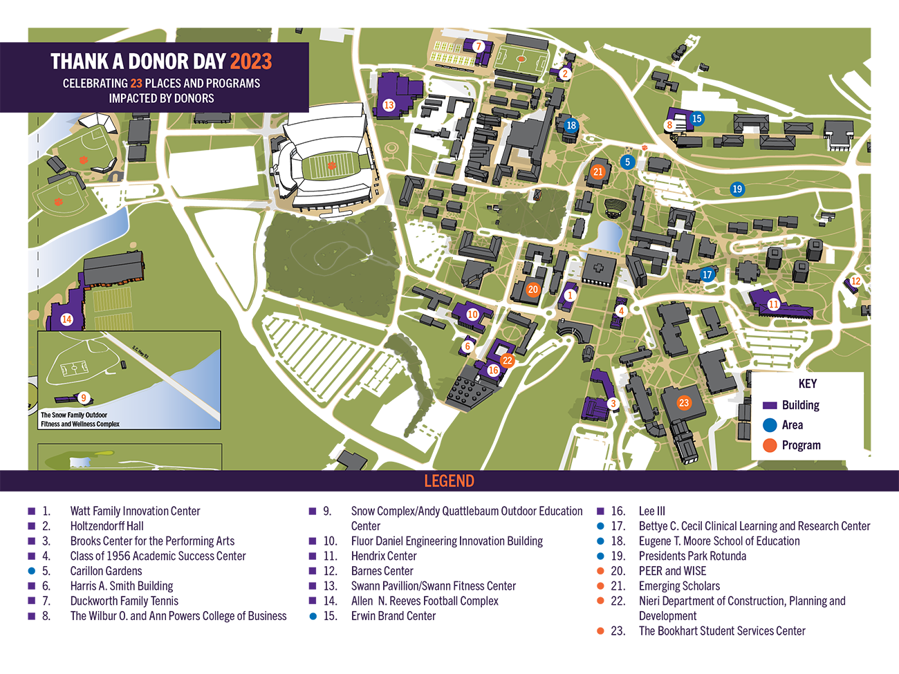 A map of Clemson's campus that indicates the buildings, areas, and programs that have received donations.